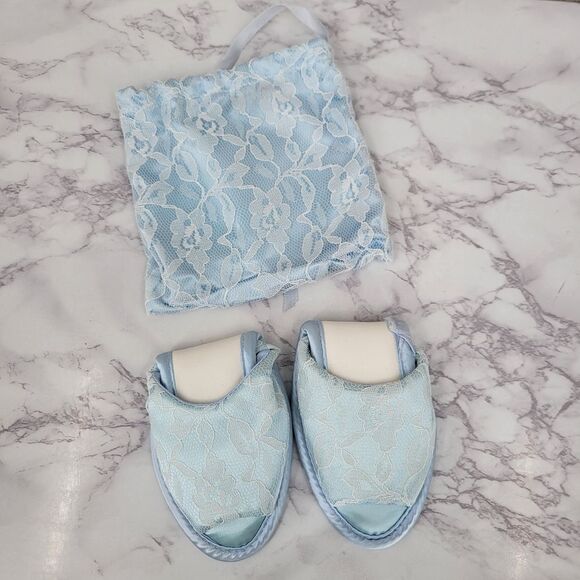 Vintage Blue Satin and Lace Women's House Slippers 60s Peep Toe - Picture 11 of 12